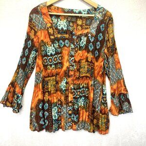 Sere Nade Crinkle Pleat Bell Sleeve Blouse Button Up 2X Orange Boho Patchwork